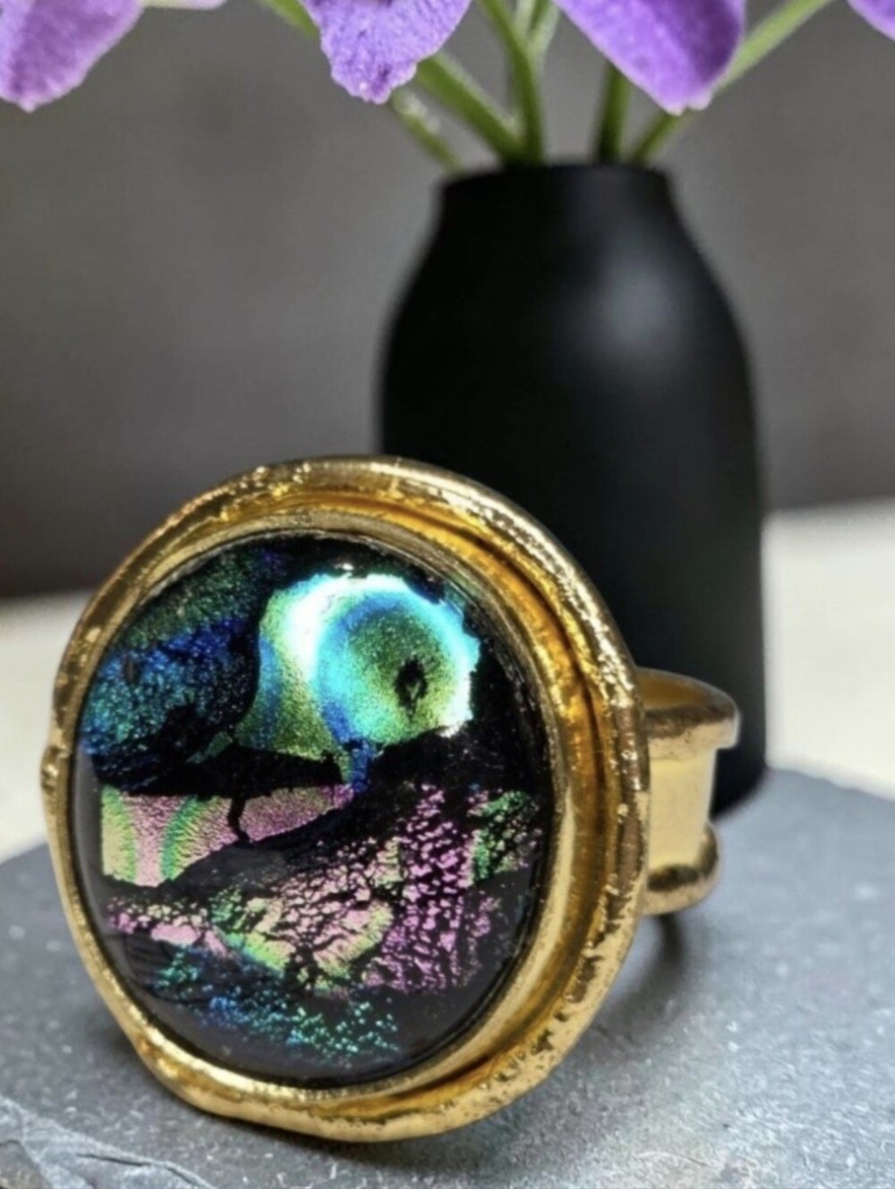 18k Gold Plated Iridescent Dichroic Glass Mesmerizing Statement Ring